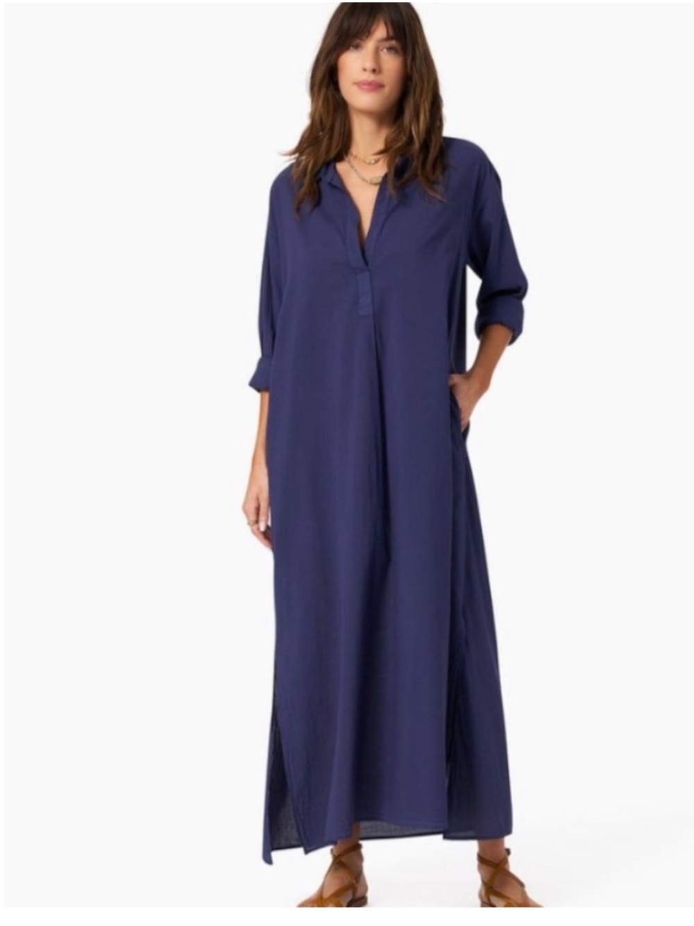 Xirena Hope Dress in Navy. Size Medium. Cotton poplin popover dress.